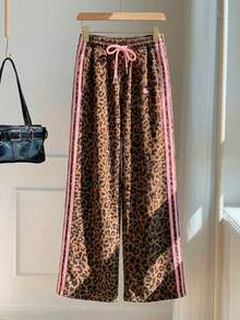 Comfortcana 2026 女士休闲运动条纹撞色豹纹马术标志长裤，侧边条纹松紧腰宽松运动裤，休闲百搭，适合日常街头穿搭、工作服、夏季、度假、比赛日、球迷周边、世界杯、运动服 - 彩色 - 查看 3