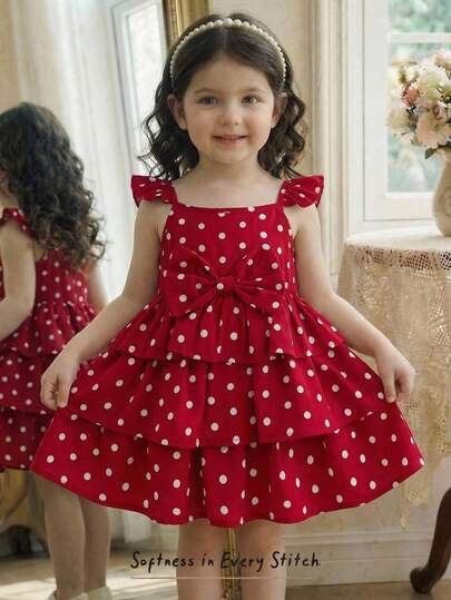 Cozy Pixies Vestido de fiesta para bebé/niña pequeña con volantes y lunares rojos, estilo veraniego