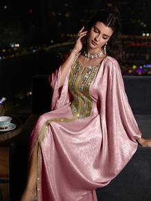 Layrah 春夏圆领优雅拼接缎带绿色修身蝙蝠袖连衣裙 - 粉色 - 查看 7