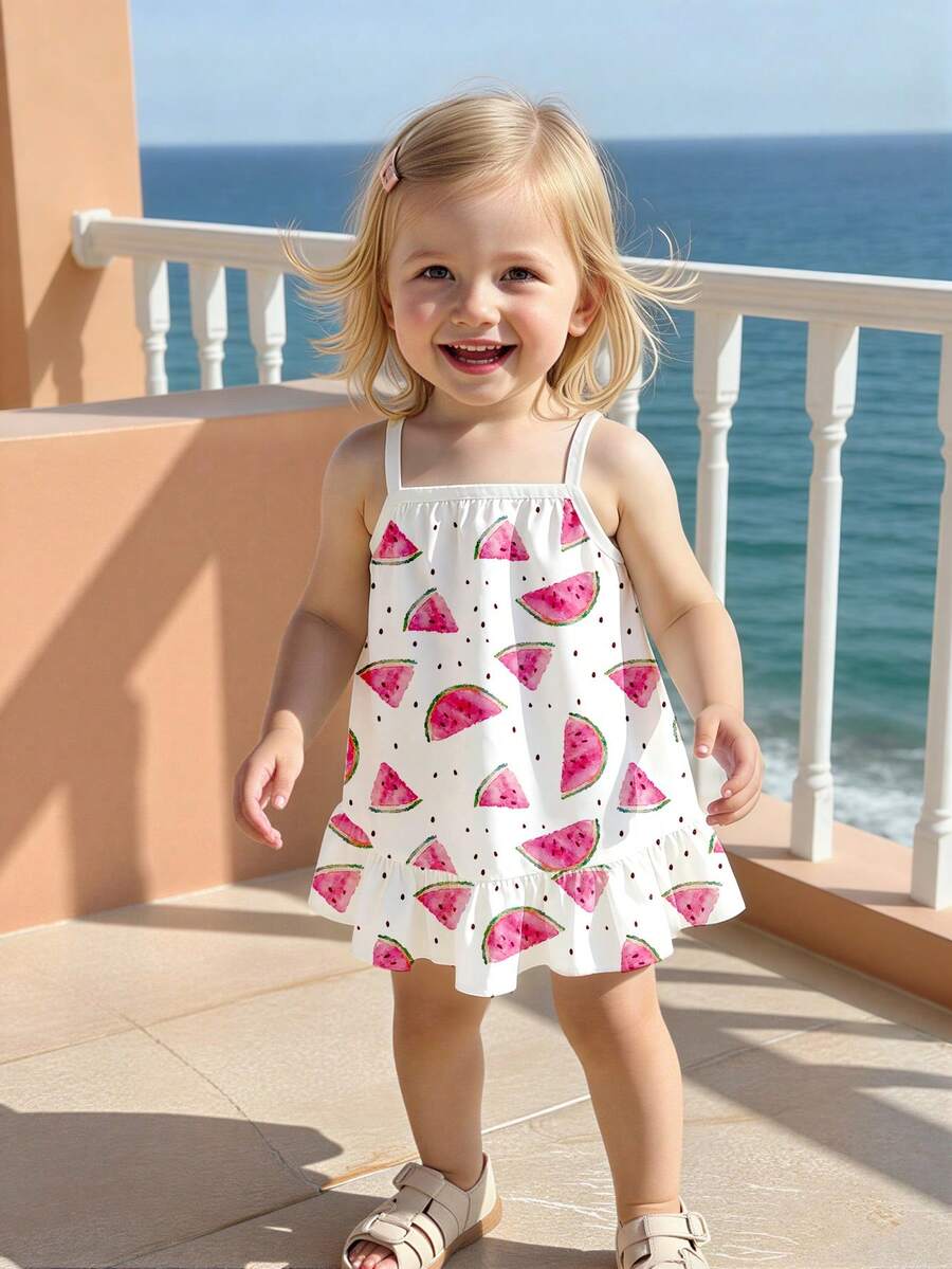 Infant Girls' Casual Watermelon Print Sleeveless Ruffle Hem Dress, Comfortable Daily Wear, Spring/Summer - Multicolor - View 1