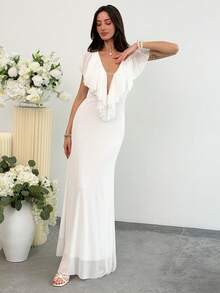 Aloruh Đầm ôm dáng cổ chữ V sâu, màu trơn, viền bèo nhún dành cho nữ - trắng - Xem 8