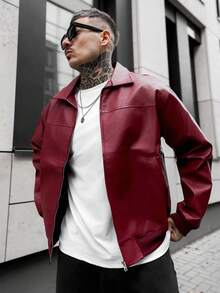 Artur Kramer Men's Autumn And Winter Drop Shoulder Long Sleeve Zip Up Red PU Leather Jacket - Red - View 4