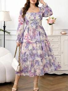 Reflora 大码女式印花方领喇叭袖荷叶边下摆优雅连衣裙 - 紫色 - 查看 9