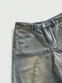 ROMWE MEN Street Life Quần short denim dáng rộng đính kim cương lấp lánh dành cho nam - Rửa nhẹ - Xem 4