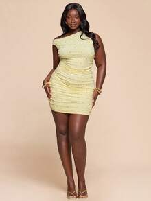 SHEIN BAE Asymmetric Ruched Sexy Bodycon Beaded Cocktail Dress - Yellow - View 1