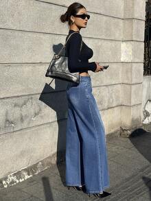 DAZY Women's Regular Waist Flare Jeans With Distressed Design Y2k - Dark Wash - View 3