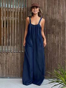 DAZY 女士宽松长款都市休闲牛仔背带裤和连体裤 - 深色水洗藍 - 查看 7