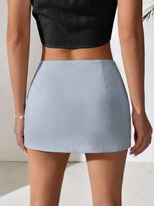 Comfortcana Light Blue Linen Mini Low-Waist Skirt, Summer - Baby Blue - View 10