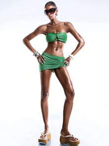 LYSMO 性感亮片低腰褶皱泳装裙 - 綠色 - 查看 6