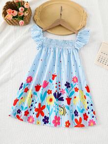 SHEIN Young Girl Woven Striped & Ditsy Floral Square Collar Ruffle Hem Casual Dress - Blue and White - View 2