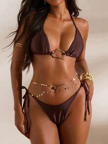 Opulessa Women's Solid Color Metal Ring Decor Halter Neck Bikini Swimwear Set, Spring Summer Vacation Outfits, Elegant Beachwear - Coffee Brown - View 1
