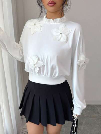 Elenzga Women's Summer Outing, Dating, New Year, Valentine's Day, Easter, Mother's Day, Music Festival, Middle Eastern, Wedding, Elegant, Vintage, Casual, Commute, Romantic, Vacation, Round Neck, Ruffle Trim, Faux Crystal Embellished, 3D Floral, Regular Fit, Waist Cinched, Long Sleeve Sweatshirt, White