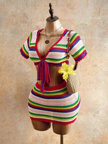 Mistrie 女士短款开衫，深V领，短袖，系带前襟，彩色条纹，休闲度假夏季毛衣 - 彩色 - 查看 4