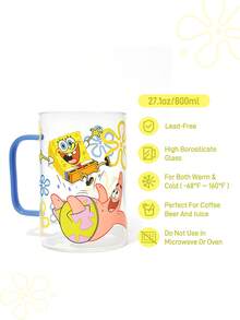 SpongeBob SquarePants | SHEIN 1个 27.1盎司/800毫升 可爱卡通图案印花硼硅酸盐玻璃杯，耐冷耐热，适用于牛奶、果汁、咖啡等。 - 無色 - 查看 3