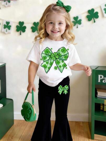 2pcs/Set Young Girl's Casual Fashion Spring/Summer T-Shirt And Flare Pants Set, St. Patrick's Day Bow Design, Lucky Clover Bow T-Shirt Set, Suitable For Spring/Summer/Autumn/Winter, Girls Outfit For School, Outdoor, Party, Gift