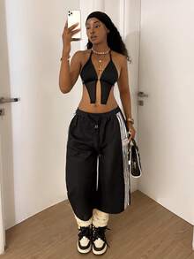 StreetHx 女士Y2K风格2000年代休闲街头风宽松条纹两件套，春夏款 - 黑色 - 查看 1