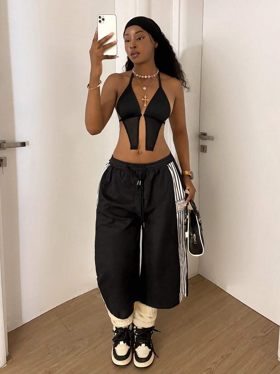 StreetHx 女士Y2K风格2000年代休闲街头风宽松条纹两件套，春夏款 - 黑色 - 查看 1