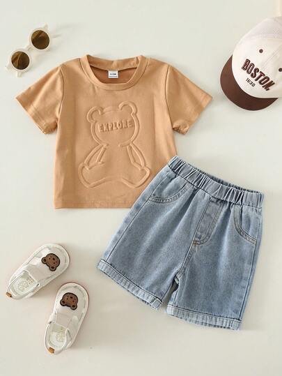 SHEIN 2pcs Baby Boy Summer Casual Cute Bear Pattern T-Shirt And Blue Denim Shorts Set, Summer Outfit