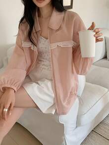 DAZY Women's Turndown Collar Ruffle Trim Lightweight Long Sleeve Jacket, Fresh Korean Style - Baby Pink - View 5