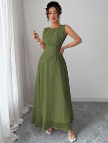 Elenzga Đầm maxi chiffon thanh lịch, lãng mạn, cổ điển dành cho nữ, thích hợp đi biển, tiệc trà chiều, dự tiệc, đi làm, không tay, cổ tròn, eo dây rút, lưng xếp ly, có lớp lót, mùa xuân/hè. - xanh quân đội - Xem 5