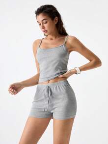 女士休闲简约吊带背心和短裤睡衣套装 - 灰色 - 查看 7