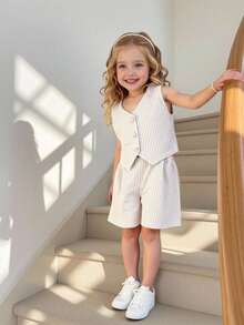 2-Piece Girls' Outfit:Apricot Striped Sleeveless Top,Button-Front Vest & Shorts Set For Summer,7th Birthday,Daily,Formal Event Back-To-School Clothes - Apricot - View 1