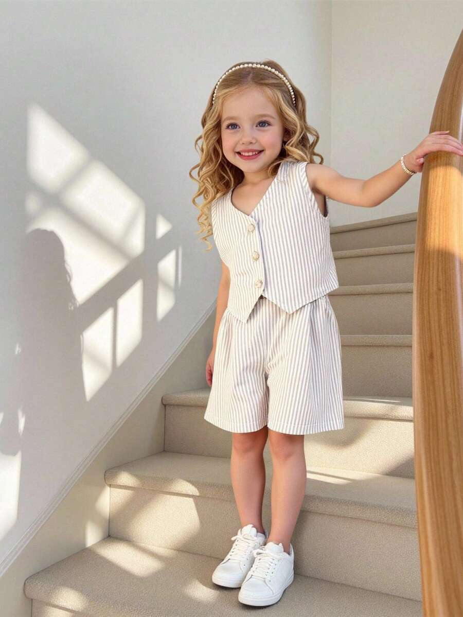 2-Piece Girls' Outfit:Apricot Striped Sleeveless Top,Button-Front Vest & Shorts Set For Summer,7th Birthday,Daily,Formal Event Back-To-School Clothes - Apricot - View 1
