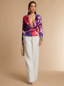 Silquee Women's Elegant Purple Floral Deep V-Neck Satin Top,Long-Sleeved Relaxed Flowing Design,Perfect For Autumn,Party,Summer Vacations,Dates & Casual Wear - Multicolor - View 5