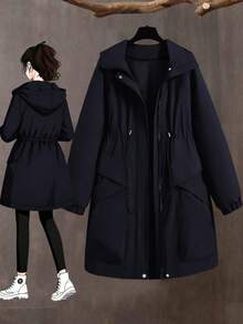 SHEIN LUNE CURVE Chaqueta casual versátil de uso diario con capucha con cordón y cremallera, unicolor, para mujer de talla grande - Azul Marino - Ver 1