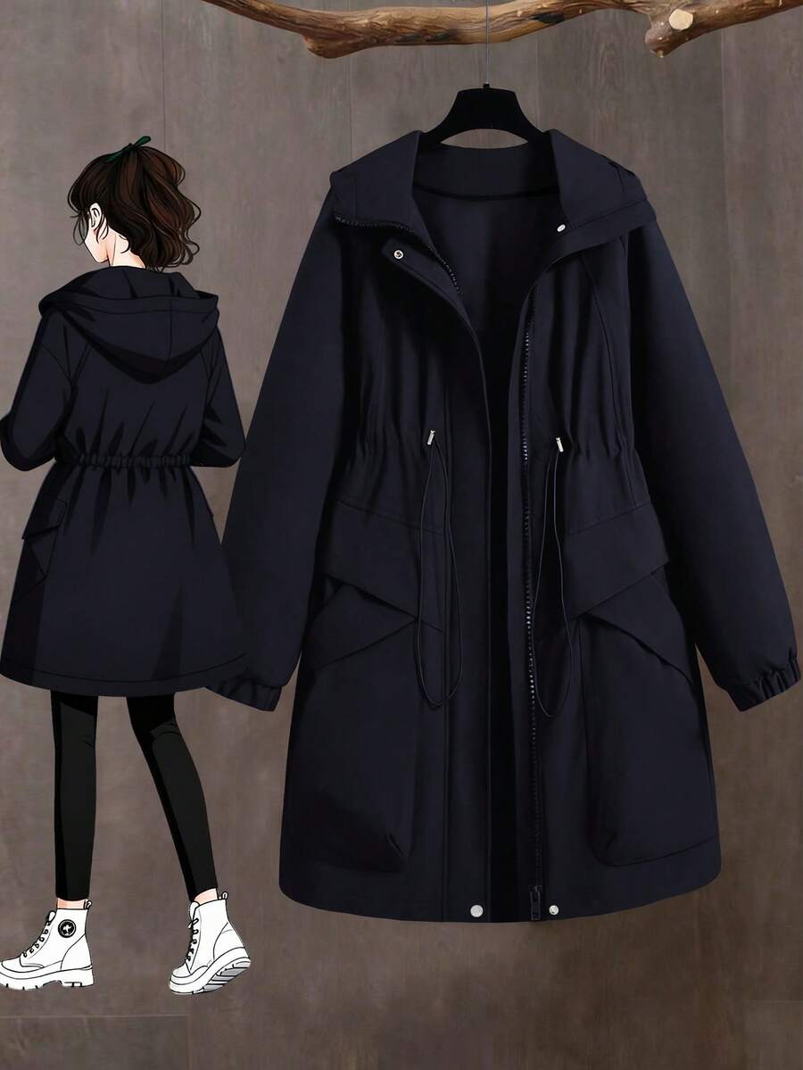 SHEIN LUNE CURVE Chaqueta casual versátil de uso diario con capucha con cordón y cremallera, unicolor, para mujer de talla grande - Azul Marino - Ver 1