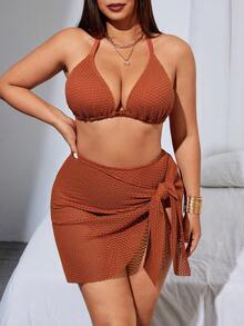 Swim Vcay Set de bikini de 3 piezas talla grande con top halter color caramelo y cubierta de malla con diseño calado sexy - Marrón - Ver 5