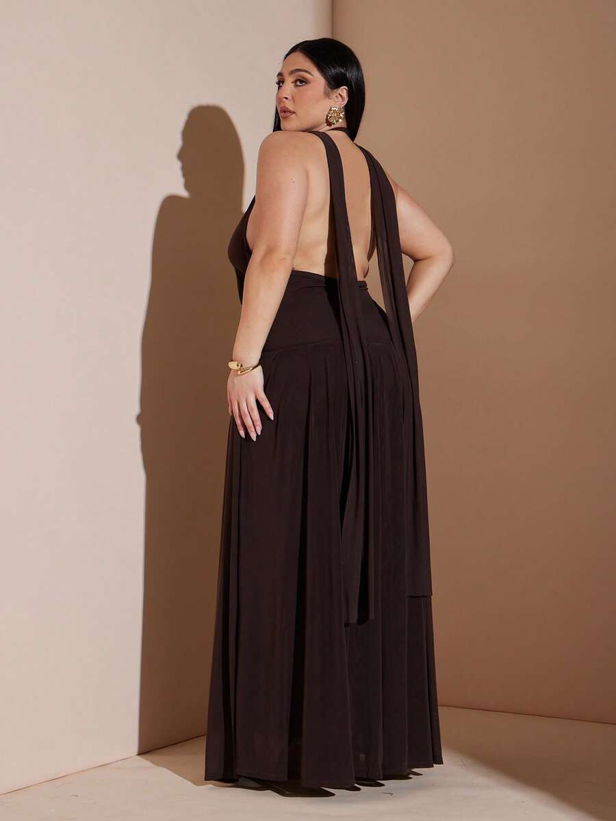 SHEIN BAE 大码女式黄色垂褶领长款飘逸连衣裙，性感情人节连衣裙