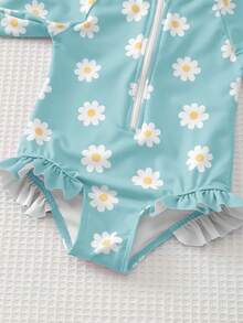 Cozy Pixies Baby Girls' Floral Print Long Sleeve Zipper One-Piece Swimsuit, Summer Beach Holiday - Blue - View 5