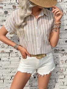 SHEIN Holidaya 休闲度假开襟条纹女式衬衫 - 卡其色 - 查看 4