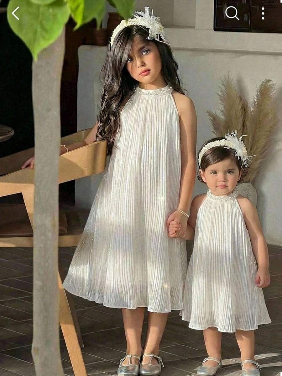 SHEIN Đầm không tay dáng rộng, thanh lịch và dễ thương màu trắng xếp ly đính ngọc trai cho bé gái. - trắng - Xem 1