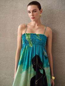 MOTF PREMIUM WOMEN'S CASUAL BOHO VACATION STYLE COLORBLOCK PRINT CAMISOLE DRESS BEACH BLUE SUMMER - Green - View 7