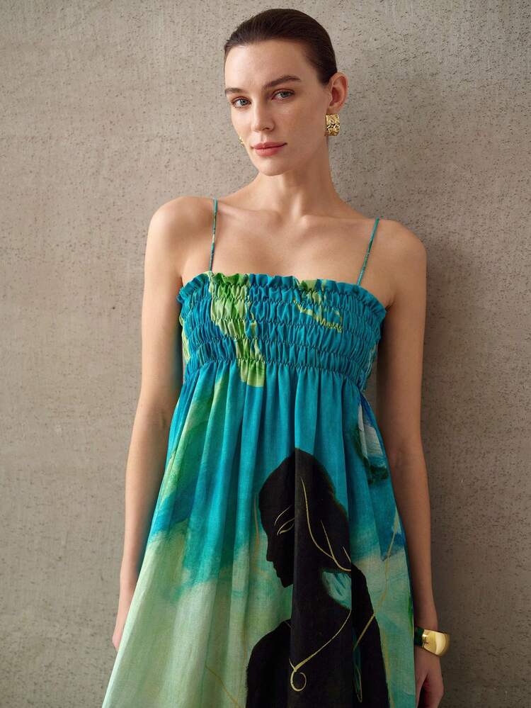 WOMEN'S CASUAL VACATION STYLE COLORBLOCK PRINT CAMISOLE DRESS