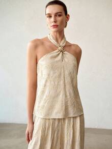 MOTF PREMIUM FASHION FLORAL TEXTURED KNIT METAL DETAIL HALTER TOP & WIDE LEG PANTS SET - Apricot - View 4