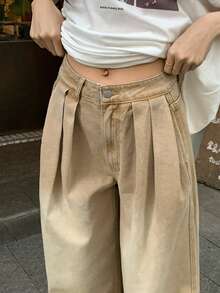 DAZY Jeans de pierna ancha y plisada de cintura regular holgada para mujer, pantalones vaqueros de ajuste relajado lavados de manera casual - Caqui - Ver 3