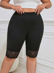 SHEIN Essnce Quần legging Bermuda ôm sát, phối ren, đa năng, thích hợp mặc hàng ngày, dành cho nữ cỡ lớn. - màu đen - Xem 3