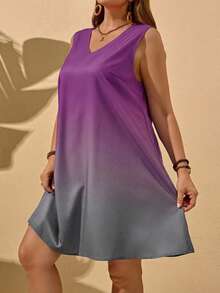 EMERY ROSE 大码渐变印花无袖休闲度假连衣裙 - 紫色 - 查看 6