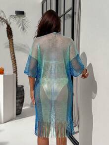 Swim SXY 女士彩色渐变高开衩长流苏网纱系带性感和服罩衫泳衣，适合春、夏、秋季海滩度假 - 藍色 - 查看 2