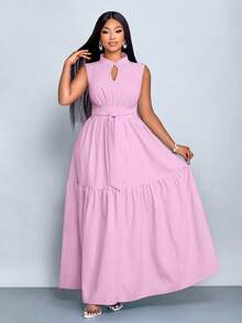 SOLERSUN Đầm cỡ lớn màu xanh dương, cổ đứng, khoét trước, không tay, thắt eo, buộc dây, thích hợp cho nữ, kiểu dáng thanh lịch, thường ngày, đi làm, dự tiệc, mẫu thời trang mùa hè mới dành cho nữ. - Màu tím hoa cà - Xem 4