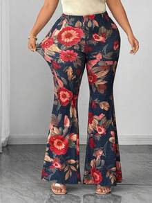 EMERY ROSE Plus Size Elegant Floral Print Flare Pants, Slimming And Leg-Lengthening, Suitable For Outings, Parties, Music Festivals - Multicolor - View 2