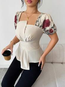 SHEIN Clasi Women's Beige Summer Elegant Tea Party Square Neck Rose Flower Embroidery Mesh Patchwork Ruffle Fit And Flare Regular Short Sleeve Blouse,Apricot - Apricot - View 3