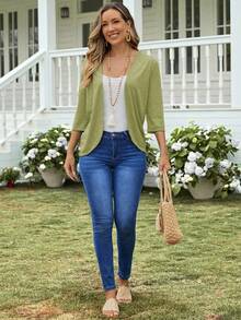 EMERY ROSE Vacation Casual Solid Color Lightweight Cardigan Green Sweaters For Women Solid Color Tops - Army Green - View 4
