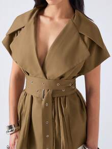 LYSMO 女士纯色翻领腰部镂空纽扣设计休闲西装外套 - 橄欖綠 - 查看 8