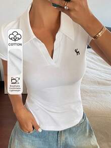 DAZY Women's Minimalist Print Polo Collar Short Sleeve T-Shirt - White - View 1