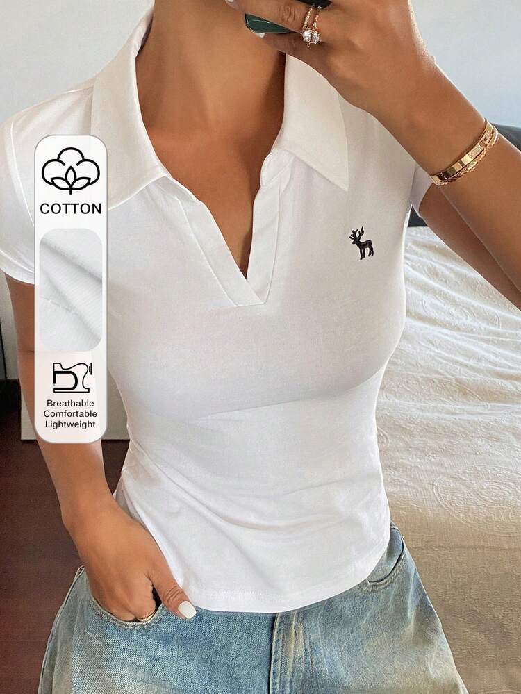 Women's Minimalist Print Polo Collar Short Sleeve T-Shirt