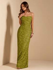 SHEIN BAE 纯绿色提花A字连衣裙，优雅大方，适合度假、约会、音乐节、生日、早午餐、伴娘、婚礼宾客等场合。 - 綠色 - 查看 3